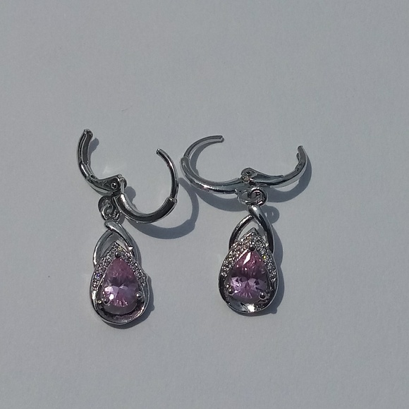 White Gold filled pink sapphire leverback earrings - Picture 3 of 4